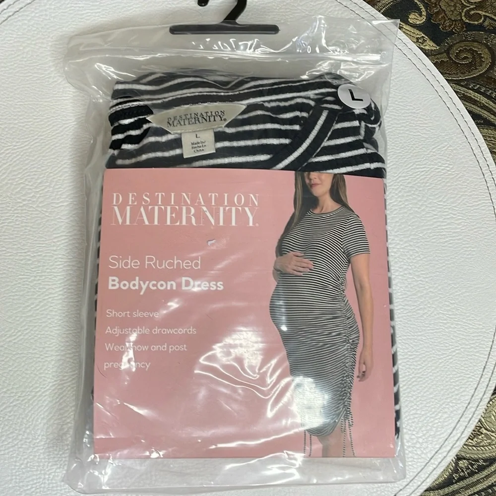 Side Ruched Destination Maternity Bodycon Black and White Striped Dress NWT - Picture 6 of 6